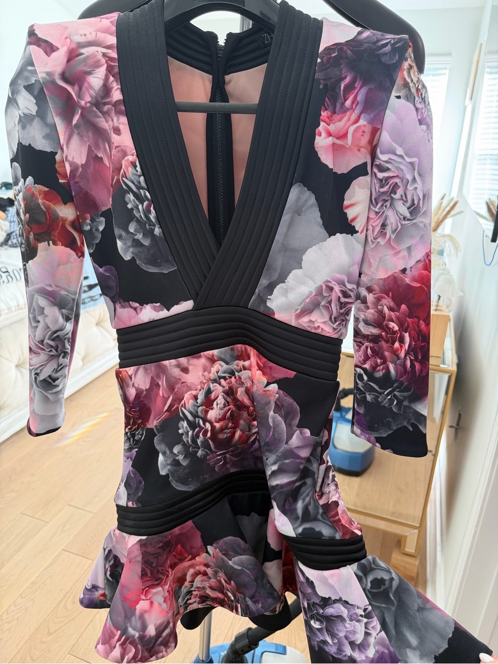 Zhivago Black Floral V-Neck Mini Dress with Pink, Purple and Gray Blooms